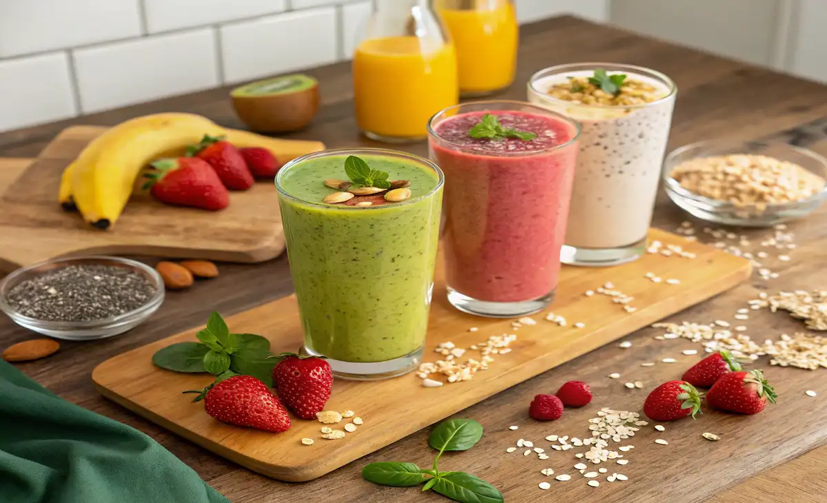 "Healthy toddler smoothie recipes in mason jars with ingredients like oats, mangoes, bananas, and spinach arranged on a wooden kitchen counter."