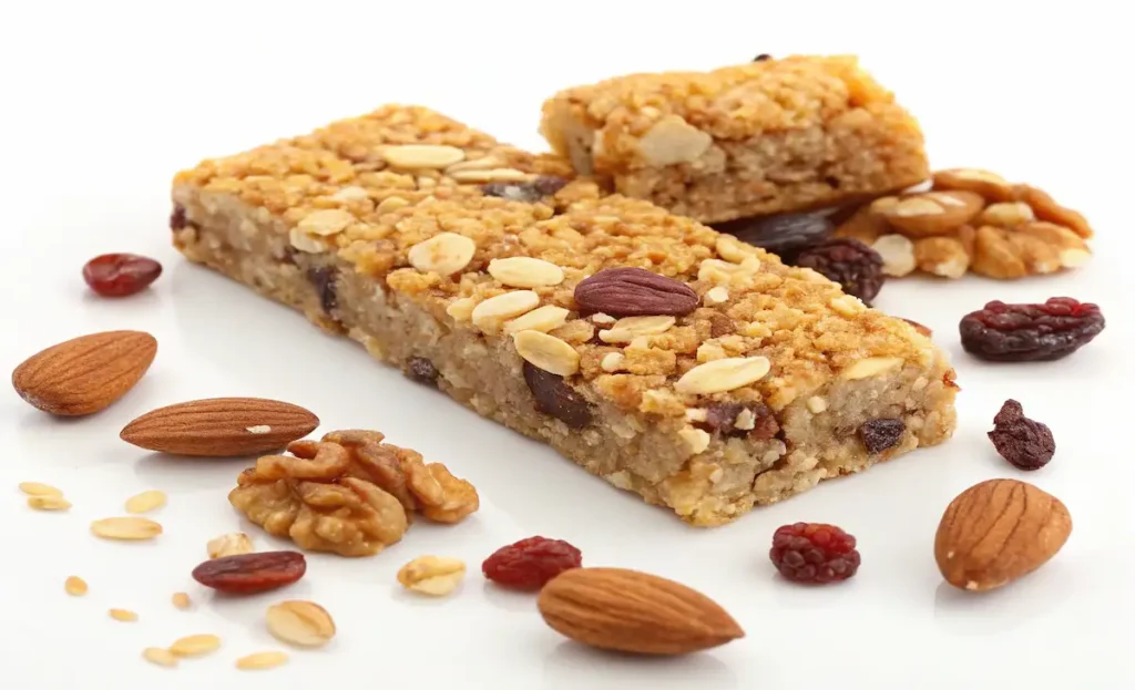 "Close-up of soft, chewy homemade granola bars for toddlers on a wooden table."
