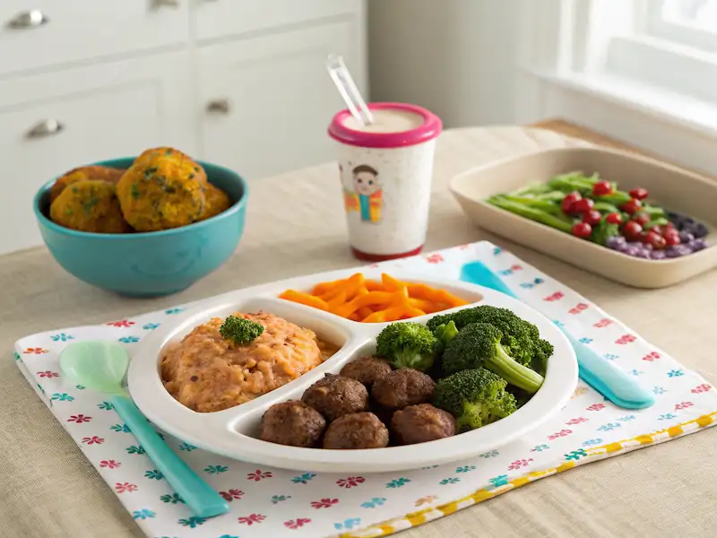 A colorful kids' meal featuring iron rich foods for kids, including meatballs, steamed broccoli, mashed beans, and a side of fresh vegetables and fruits.