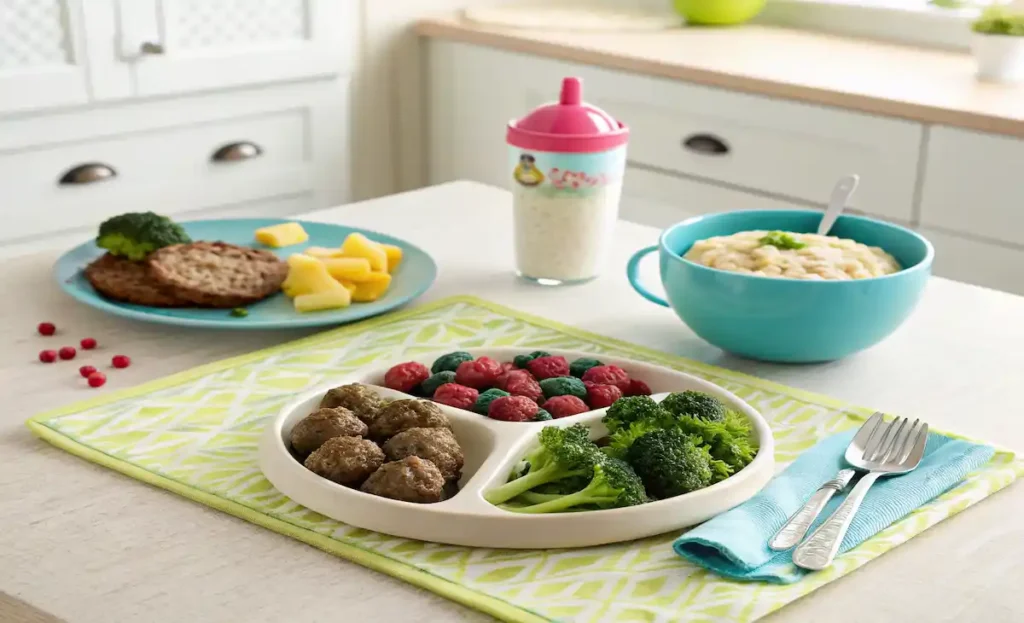 Balanced kids’ meal with iron rich foods for kids, including meatballs, broccoli, mashed beans, and fresh fruit for a nutritious and tasty lunch.