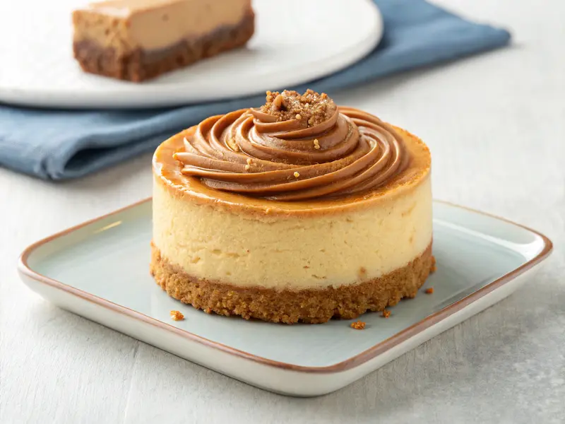 "A beautifully presented single mini Biscoff cheesecake on a small dessert plate, featuring a golden Biscoff cookie crust, smooth creamy filling, and a drizzle of Biscoff spread, with a whole Biscoff cookie placed on the side."