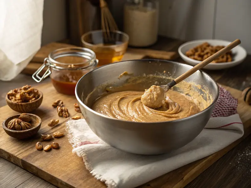 "Mixing nut butter and honey in a bowl for toddler granola bar recipe."