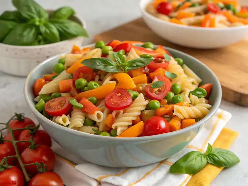 "Healthy toddler lunch ideas with pasta salad, peas, carrots, and light Italian dressing—an easy way to sneak in hidden veggies."