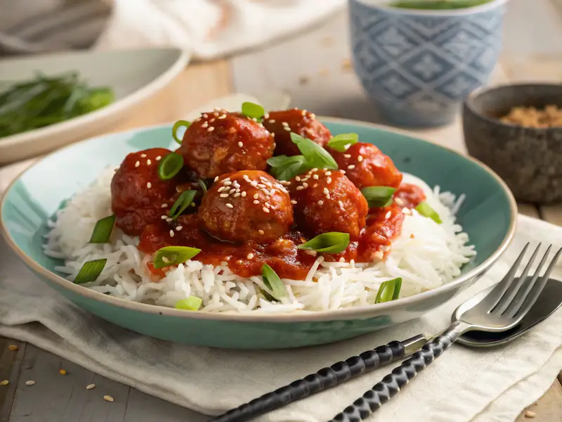 Sweet and sour meatballs served over rice with garnish.