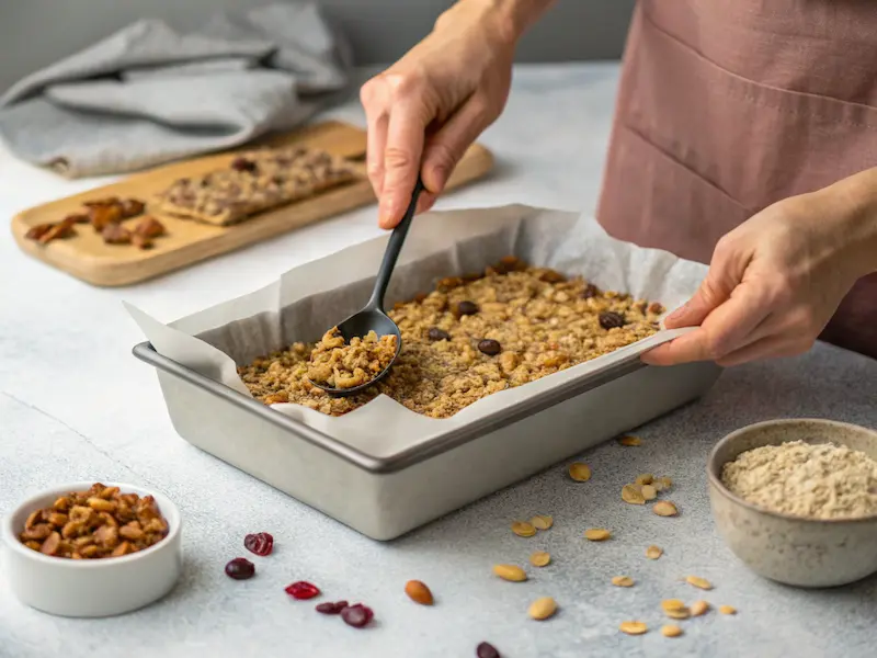 "Pressing granola bar mixture into a lined baking pan for toddler granola bar recipe."