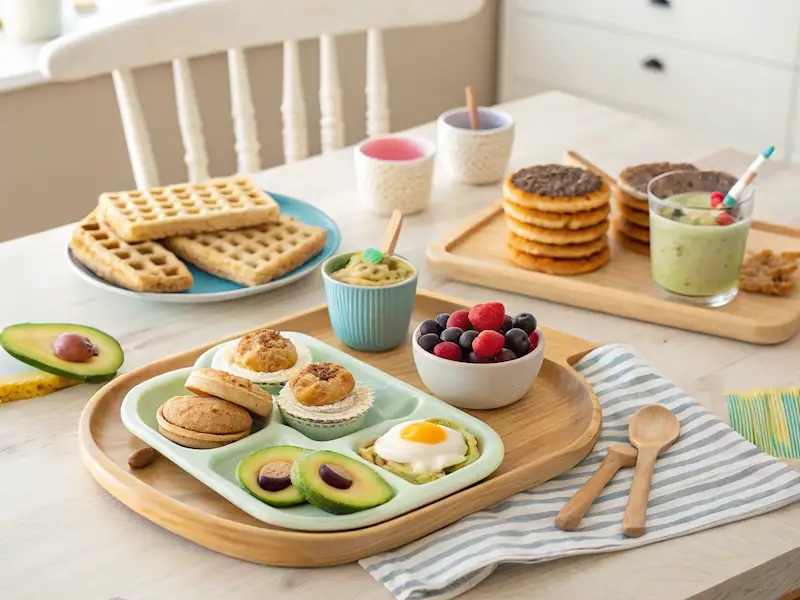 A realistic breakfast spread featuring healthy toddler breakfast ideas like pancakes, egg muffins, fruit parfaits, and mini waffle sandwiches on a wooden table.