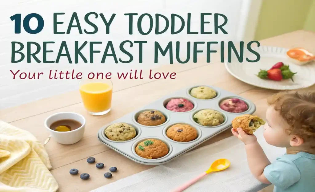 A colorful variety of toddler breakfast muffins including banana oat, blueberry yogurt, and spinach banana on a plate with a sippy cup and toddler hand in a cozy kitchen.