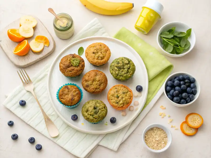 A flat-lay image of assorted toddler breakfast muffins including banana oat, zucchini carrot, and blueberry yogurt, arranged on a plate with toddler utensils and a sippy cup nearby.