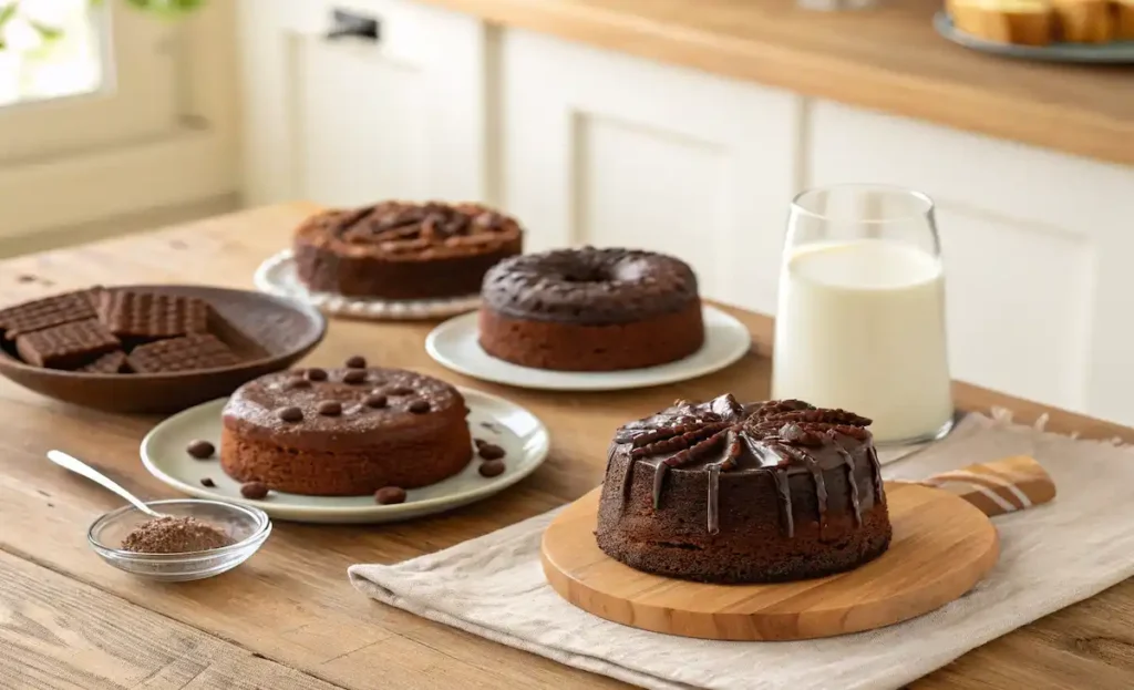 "A selection of 5 toddler-friendly chocolate cakes arranged on a rustic kitchen counter, including Banana Chocolate Cake, Applesauce Chocolate Snack Cake, Whole Wheat Chocolate Mini Cakes, Dairy-Free Chocolate Cake Bites, and Eggless Chocolate Cake with Greek Yogurt."