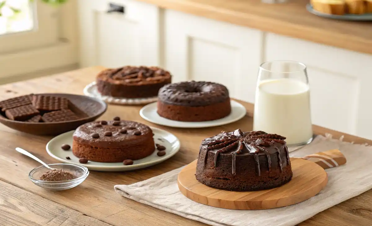 "A selection of 5 toddler-friendly chocolate cakes arranged on a rustic kitchen counter, including Banana Chocolate Cake, Applesauce Chocolate Snack Cake, Whole Wheat Chocolate Mini Cakes, Dairy-Free Chocolate Cake Bites, and Eggless Chocolate Cake with Greek Yogurt."