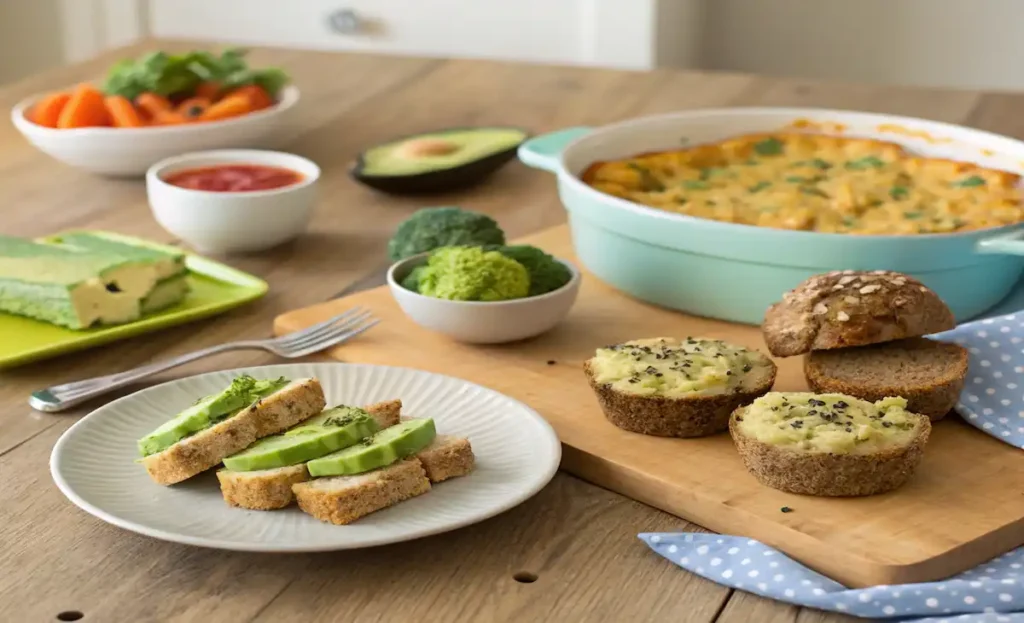 "A realistic kitchen scene with five toddler-friendly meals: creamy avocado toast with chia seeds, turkey meatloaf muffins, cheesy broccoli rice casserole, sweet potato and black bean tacos, and veggie macaroni and cheese."