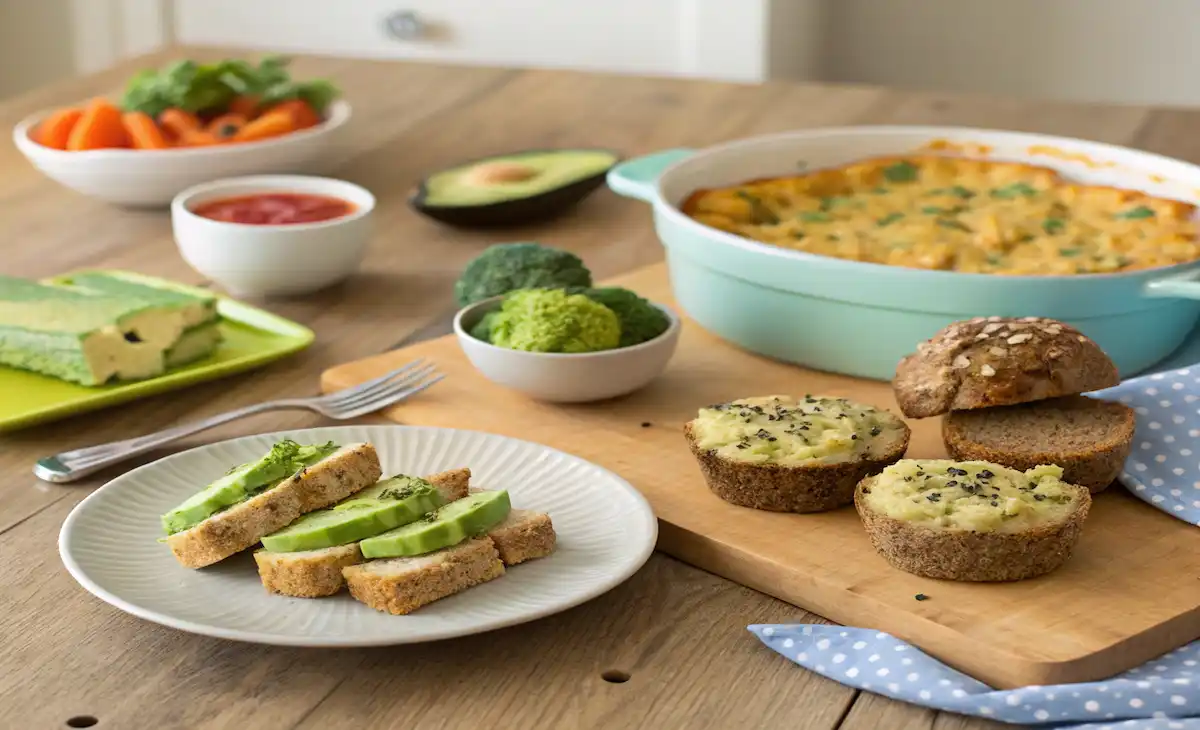 "A realistic kitchen scene with five toddler-friendly meals: creamy avocado toast with chia seeds, turkey meatloaf muffins, cheesy broccoli rice casserole, sweet potato and black bean tacos, and veggie macaroni and cheese."