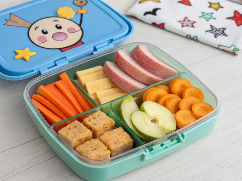 "Toddler lunchable box filled with deli turkey, cheese cubes, whole-grain crackers, grapes, and carrots."