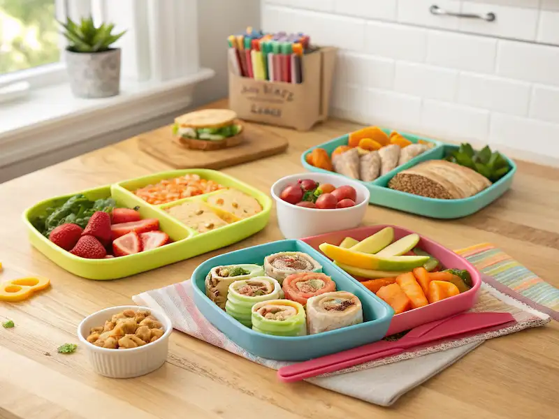 A realistic display of colorful toddler lunches with turkey roll-ups, veggie quesadillas, fruit, pasta salad, and mini sandwiches on a wooden table."