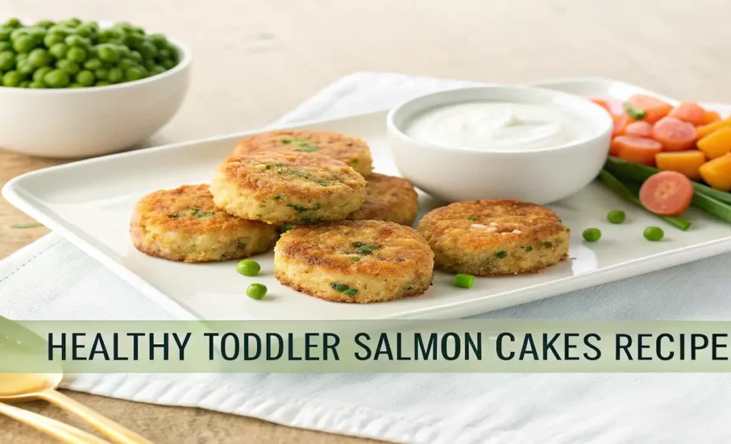 Close-up of golden-brown toddler salmon cakes served with mashed avocado and peas on a white plate