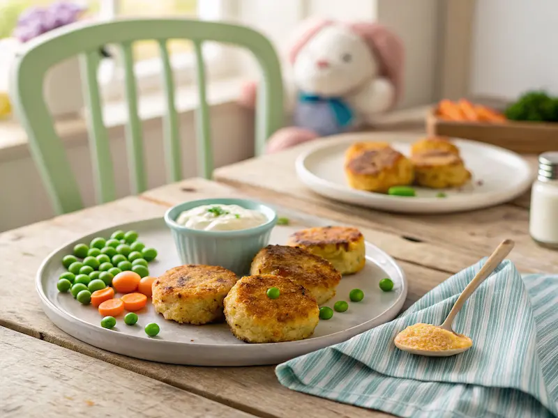 Toddler reaching for a plate of homemade toddler salmon cakes with yogurt dip on a wooden table