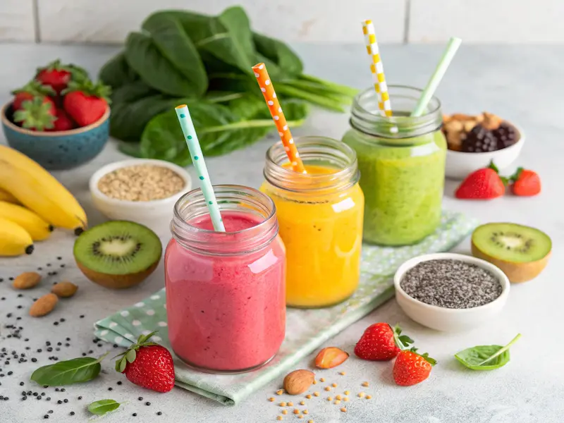 "Delicious and vibrant toddler smoothie recipes with fresh fruits and veggies like bananas, strawberries, and spinach in clear glasses."