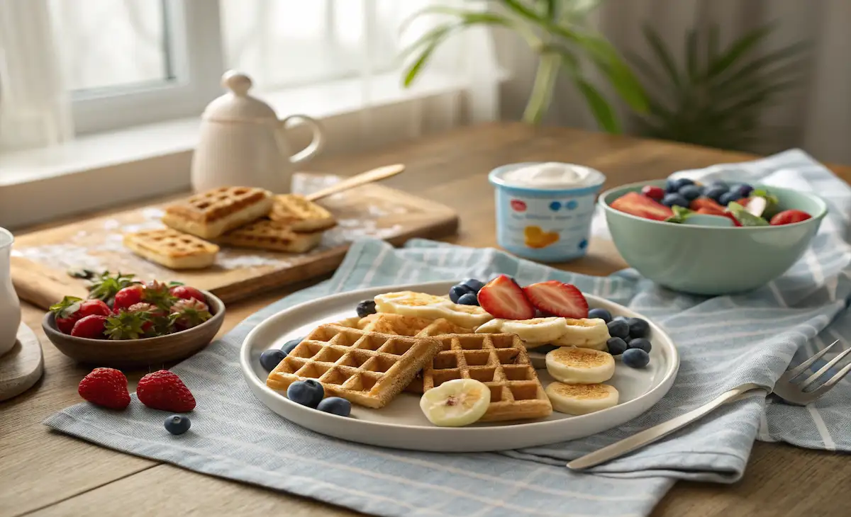 breakfast scene with homemade toddler waffles served with fruit and yogurt, showing a healthy toddler waffle recipe in a cozy kitchen.