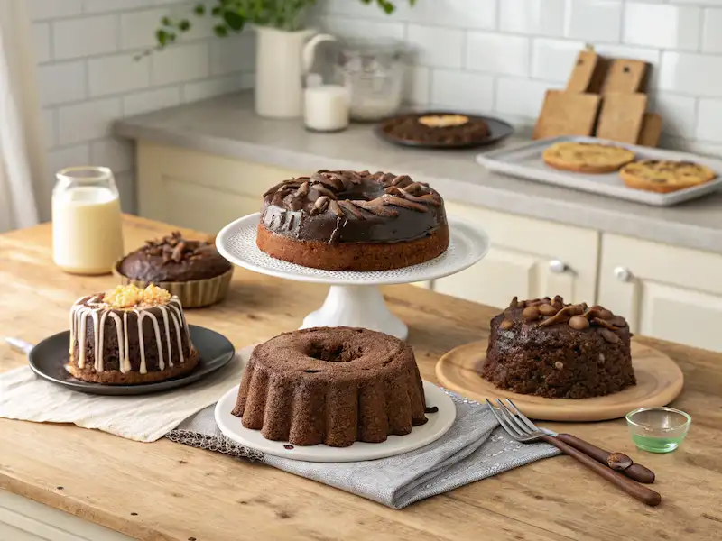 "5 different yummy toddler food chocolate cake recipes displayed on a rustic wooden table with fresh fruit and a glass of milk."