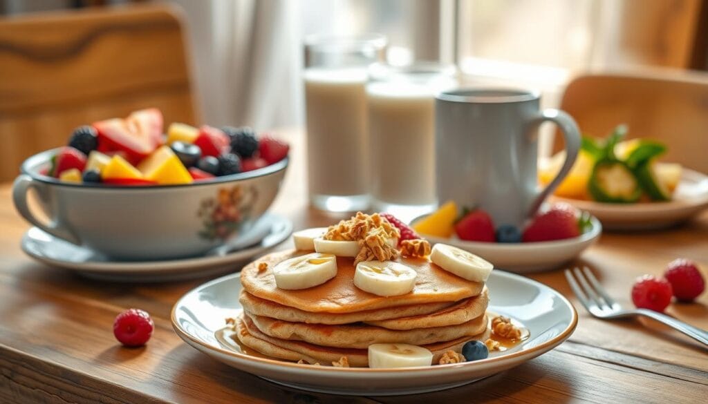 A bright and cheerful high fiber breakfast spread for kids, captured in soft natural light. In the foreground, a plate showcases a stack of fluffy whole grain pancakes topped with sliced bananas, a drizzle of honey, and a sprinkle of crunchy granola. Beside it, a bowl overflows with a colorful mix of fresh berries, diced apples, and juicy citrus segments. In the middle ground, a glass of frothy milk stands ready, accompanied by a steaming mug of herbal tea. The background features a rustic wooden table setting, accentuated by the warm tones of the morning sun streaming through a nearby window. A bright and cheerful high fiber breakfast spread for kids, captured in soft natural light. In the foreground, a plate showcases a stack of fluffy whole grain pancakes topped with sliced bananas, a drizzle of honey, and a sprinkle of crunchy granola. Beside it, a bowl overflows with a colorful mix of fresh berries, diced apples, and juicy citrus segments. In the middle ground, a glass of frothy milk stands ready, accompanied by a steaming mug of herbal tea. The background features a rustic wooden table setting, accentuated by the warm tones of the morning sun streaming through a nearby window.