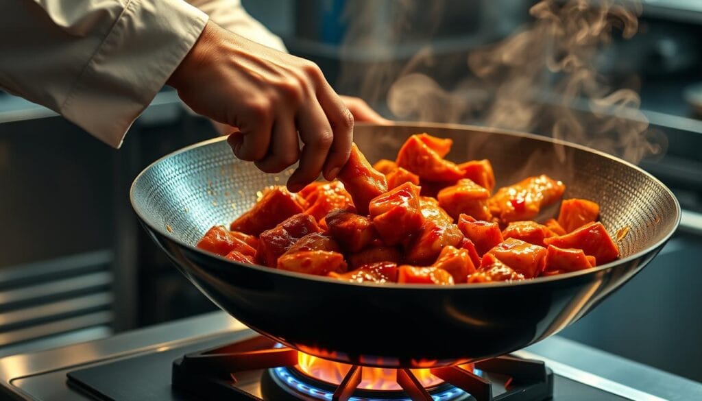 A close-up view of a professional chef's hands skillfully stir-frying chicken in a large wok over a high-heat gas burner. The chicken pieces are coated in a glistening, crimson-colored sweet chili sauce, sizzling and releasing aromatic steam. The chef's movements are graceful and practiced, evenly distributing the ingredients as they quickly cook. The wok is positioned at a slight angle, allowing the sauce to pool and caramelize on the edges. Warm, dramatic lighting casts deep shadows, highlighting the textures of the chicken and vegetables. The setting is a modern, well-equipped commercial kitchen, with stainless steel appliances visible in the background. A close-up view of a professional chef's hands skillfully stir-frying chicken in a large wok over a high-heat gas burner. The chicken pieces are coated in a glistening, crimson-colored sweet chili sauce, sizzling and releasing aromatic steam. The chef's movements are graceful and practiced, evenly distributing the ingredients as they quickly cook. The wok is positioned at a slight angle, allowing the sauce to pool and caramelize on the edges. Warm, dramatic lighting casts deep shadows, highlighting the textures of the chicken and vegetables. The setting is a modern, well-equipped commercial kitchen, with stainless steel appliances visible in the background.