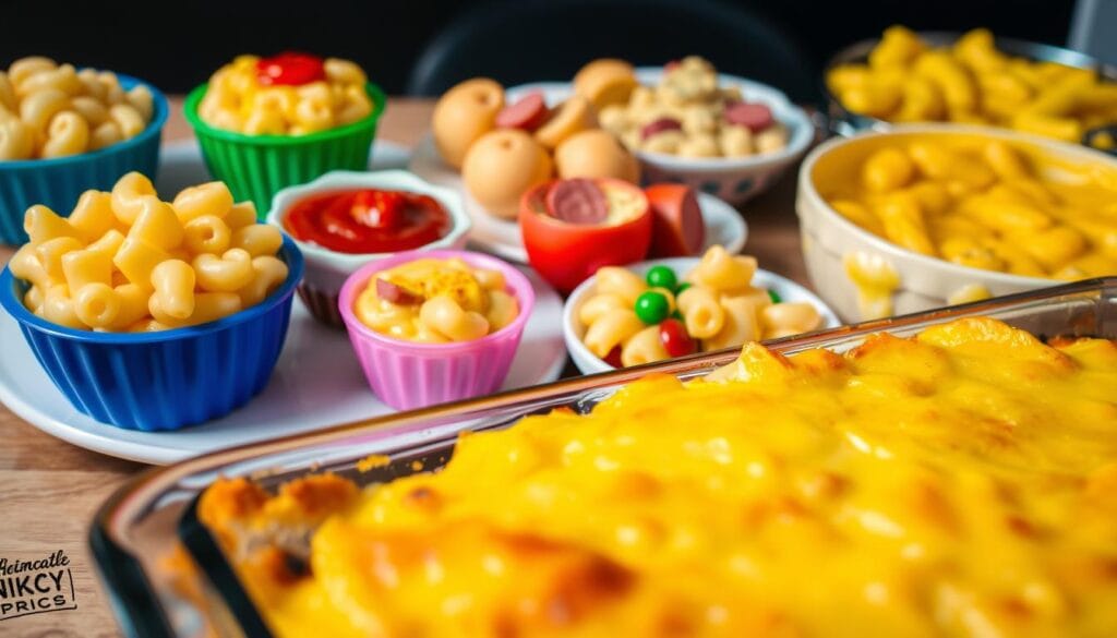 A colorful, appetizing display of various mac and cheese dishes for kids. In the foreground, a classic baked mac and cheese casserole, its golden-brown crust glistening under warm, soft lighting. In the middle ground, a vibrant mix of fun, kid-friendly variations - a brightly-colored mac and cheese cup topped with a swirl of ketchup, a plate of creamy, bite-sized mac and cheese bites, and a bowl of mac and cheese with hot dog slices and peas. In the background, a simple yet comforting stovetop mac and cheese, its velvety cheese sauce beckoning. The scene captures the diverse, delicious ways to enjoy this beloved comfort food, perfect for pleasing little palates. A colorful, appetizing display of various mac and cheese dishes for kids. In the foreground, a classic baked mac and cheese casserole, its golden-brown crust glistening under warm, soft lighting. In the middle ground, a vibrant mix of fun, kid-friendly variations - a brightly-colored mac and cheese cup topped with a swirl of ketchup, a plate of creamy, bite-sized mac and cheese bites, and a bowl of mac and cheese with hot dog slices and peas. In the background, a simple yet comforting stovetop mac and cheese, its velvety cheese sauce beckoning. The scene captures the diverse, delicious ways to enjoy this beloved comfort food, perfect for pleasing little palates.