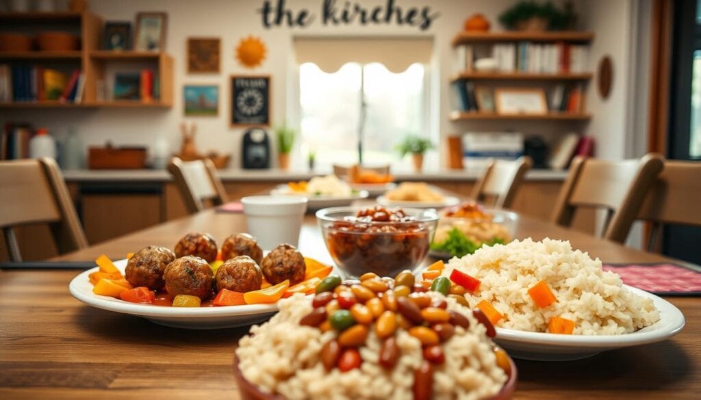 A cozy kitchen scene with a table set for a family dinner. In the foreground, a plate of colorful roasted vegetables, meatballs, and a side of fluffy rice. In the middle ground, a child-sized plate with a variety of bean-based dishes - baked beans, bean chili, and bean burgers, all presented in a fun, kid-friendly way. The background features a cheerful wall decor, shelves with cookbooks, and a window letting in warm, natural lighting. The atmosphere is inviting and homely, perfect for a weeknight family meal. A cozy kitchen scene with a table set for a family dinner. In the foreground, a plate of colorful roasted vegetables, meatballs, and a side of fluffy rice. In the middle ground, a child-sized plate with a variety of bean-based dishes - baked beans, bean chili, and bean burgers, all presented in a fun, kid-friendly way. The background features a cheerful wall decor, shelves with cookbooks, and a window letting in warm, natural lighting. The atmosphere is inviting and homely, perfect for a weeknight family meal.