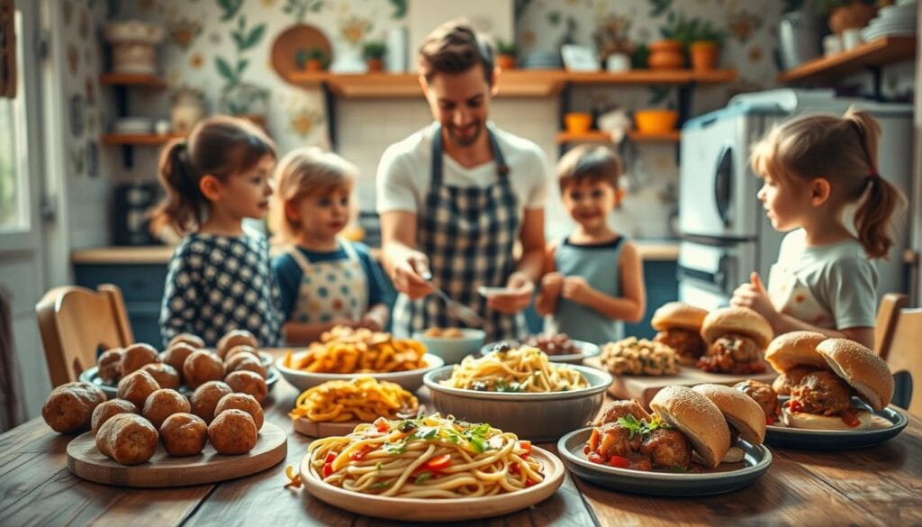 A cozy, sun-dappled kitchen scene showcasing a variety of kid-friendly ground beef dishes. In the foreground, an array of colorful, bite-sized meatballs, spaghetti with meatballs, and miniature beef and veggie sliders arranged on a rustic wooden table. In the middle ground, a parent or caregiver serving the dishes to a group of excited, attentive children. The background features cheerful wallpaper, a vintage stove, and shelves stocked with ingredients. Warm, soft lighting casts a welcoming glow, capturing the joy of a family meal. The composition evokes a sense of comfort, simplicity, and food that even the pickiest eaters would enjoy. A cozy, sun-dappled kitchen scene showcasing a variety of kid-friendly ground beef dishes. In the foreground, an array of colorful, bite-sized meatballs, spaghetti with meatballs, and miniature beef and veggie sliders arranged on a rustic wooden table. In the middle ground, a parent or caregiver serving the dishes to a group of excited, attentive children. The background features cheerful wallpaper, a vintage stove, and shelves stocked with ingredients. Warm, soft lighting casts a welcoming glow, capturing the joy of a family meal. The composition evokes a sense of comfort, simplicity, and food that even the pickiest eaters would enjoy.