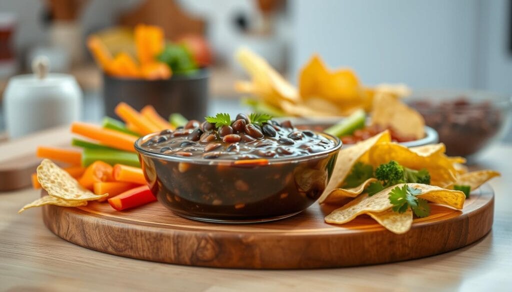A delectable black bean dip sits atop a wooden board, surrounded by an array of fresh vegetables, tortilla chips, and a few simple bean-based dishes. The dip's glossy surface reflects the warm lighting, casting a soothing glow across the scene. In the background, a soft, blurred kitchen setting creates a cozy, homemade atmosphere. The composition emphasizes the vibrant colors and textures of the food, inviting the viewer to imagine the flavors and aromas of this kid-friendly, bean-centric spread. A delectable black bean dip sits atop a wooden board, surrounded by an array of fresh vegetables, tortilla chips, and a few simple bean-based dishes. The dip's glossy surface reflects the warm lighting, casting a soothing glow across the scene. In the background, a soft, blurred kitchen setting creates a cozy, homemade atmosphere. The composition emphasizes the vibrant colors and textures of the food, inviting the viewer to imagine the flavors and aromas of this kid-friendly, bean-centric spread.