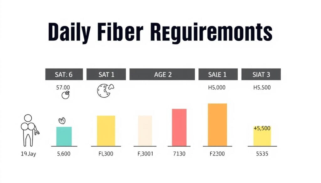 A detailed infographic showcasing the daily fiber requirements for different age groups, presented against a clean, minimalist background. The foreground features simple, easy-to-understand icons and illustrations representing the age ranges, with bars or charts clearly demonstrating the fiber needs for each group. The middle ground includes concise, legible text labels highlighting the specific fiber amounts. The background maintains a soft, neutral color palette, allowing the key information to take center stage. Crisp, evenly distributed lighting and a slightly elevated camera angle create a professional, educational look and feel, suitable for inclusion in a health-focused article. A detailed infographic showcasing the daily fiber requirements for different age groups, presented against a clean, minimalist background. The foreground features simple, easy-to-understand icons and illustrations representing the age ranges, with bars or charts clearly demonstrating the fiber needs for each group. The middle ground includes concise, legible text labels highlighting the specific fiber amounts. The background maintains a soft, neutral color palette, allowing the key information to take center stage. Crisp, evenly distributed lighting and a slightly elevated camera angle create a professional, educational look and feel, suitable for inclusion in a health-focused article.