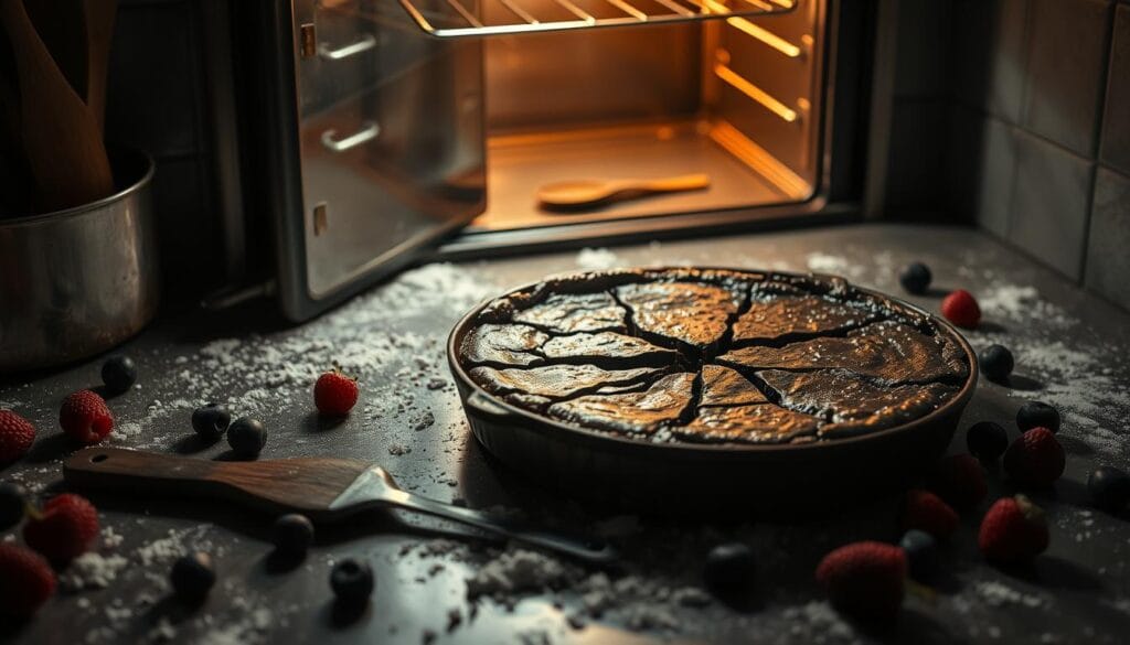 A dimly lit kitchen counter, the surface cluttered with various baking mishaps - a sunken, cracked chocolate cobbler, spilled flour, and overripe berries haphazardly scattered. The oven door stands ajar, casting a warm, amber glow that casts shadows across the scene, creating a sense of frustration and disappointment. The cobbler's surface is marred by deep crevices, the once-glossy chocolate now dull and lifeless. A lone, worn spatula lies discarded, a testament to the struggles of the failed attempt. The overall atmosphere is one of culinary chaos, a cautionary tale of the pitfalls that can befall even the most seasoned bakers when attempting this delectable dessert. A dimly lit kitchen counter, the surface cluttered with various baking mishaps - a sunken, cracked chocolate cobbler, spilled flour, and overripe berries haphazardly scattered. The oven door stands ajar, casting a warm, amber glow that casts shadows across the scene, creating a sense of frustration and disappointment. The cobbler's surface is marred by deep crevices, the once-glossy chocolate now dull and lifeless. A lone, worn spatula lies discarded, a testament to the struggles of the failed attempt. The overall atmosphere is one of culinary chaos, a cautionary tale of the pitfalls that can befall even the most seasoned bakers when attempting this delectable dessert.