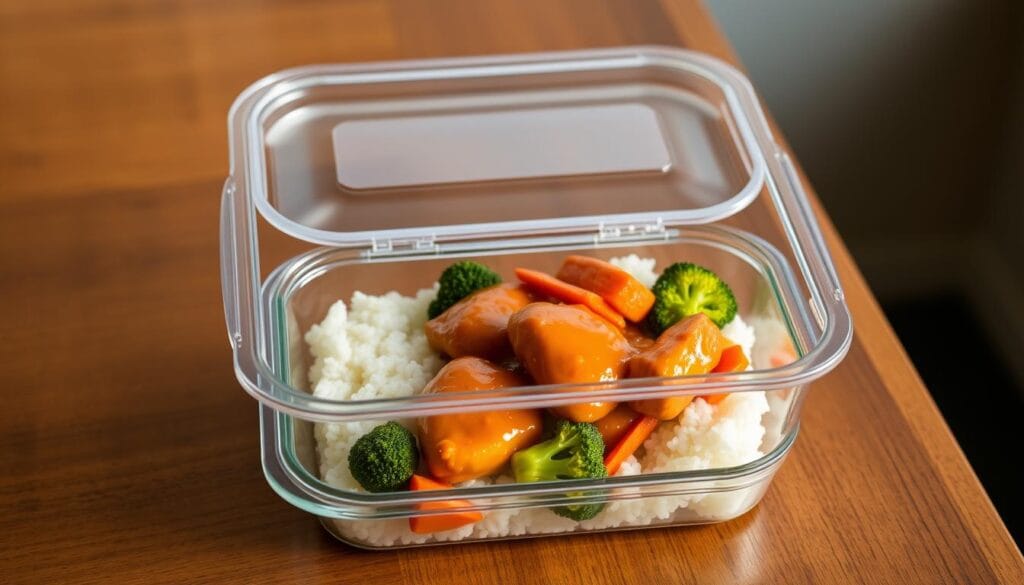 A meticulously arranged meal prep display featuring a Bang Bang Chicken Bowl nestled in a sleek, airtight glass container. The bowl is filled with succulent chicken thighs coated in a creamy, sweet-and-spicy sauce, accompanied by a vibrant mix of steamed broccoli, carrots, and jasmine rice. The container sits atop a minimalist wooden table, bathed in soft, warm lighting that highlights the dish's vibrant colors and textures. The overall scene conveys a sense of culinary organization and practicality, perfectly suited for meal planning and storage needs. A meticulously arranged meal prep display featuring a Bang Bang Chicken Bowl nestled in a sleek, airtight glass container. The bowl is filled with succulent chicken thighs coated in a creamy, sweet-and-spicy sauce, accompanied by a vibrant mix of steamed broccoli, carrots, and jasmine rice. The container sits atop a minimalist wooden table, bathed in soft, warm lighting that highlights the dish's vibrant colors and textures. The overall scene conveys a sense of culinary organization and practicality, perfectly suited for meal planning and storage needs.