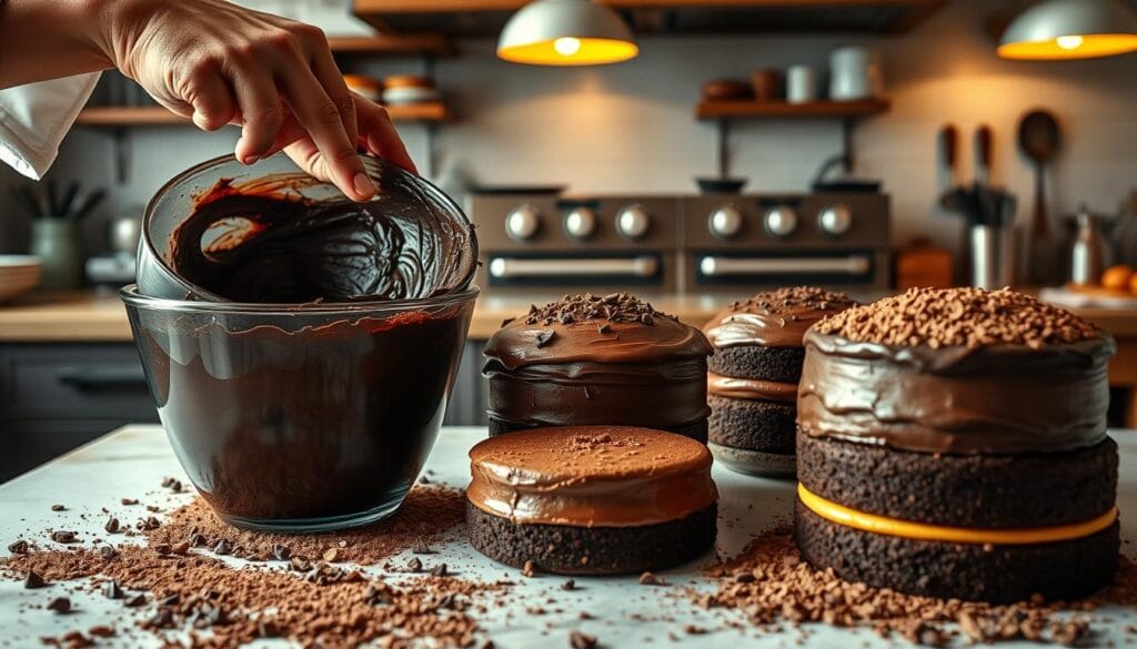 A meticulously detailed triple chocolate cake baking process, captured in a photorealistic, high-resolution image. In the foreground, a chef's hands carefully folding dark chocolate batter into a mixing bowl, surrounded by scattered cocoa powder and chocolate shavings. In the middle ground, three cake layers in various stages of baking - one golden-brown and fresh from the oven, another being frosted with a rich chocolate ganache, and the third dusted with grated chocolate. The background features a well-equipped kitchen counter, with a large double-oven, various baking tools, and the soft, warm lighting of pendant lamps overhead, creating a cozy, inviting atmosphere. A meticulously detailed triple chocolate cake baking process, captured in a photorealistic, high-resolution image. In the foreground, a chef's hands carefully folding dark chocolate batter into a mixing bowl, surrounded by scattered cocoa powder and chocolate shavings. In the middle ground, three cake layers in various stages of baking - one golden-brown and fresh from the oven, another being frosted with a rich chocolate ganache, and the third dusted with grated chocolate. The background features a well-equipped kitchen counter, with a large double-oven, various baking tools, and the soft, warm lighting of pendant lamps overhead, creating a cozy, inviting atmosphere.