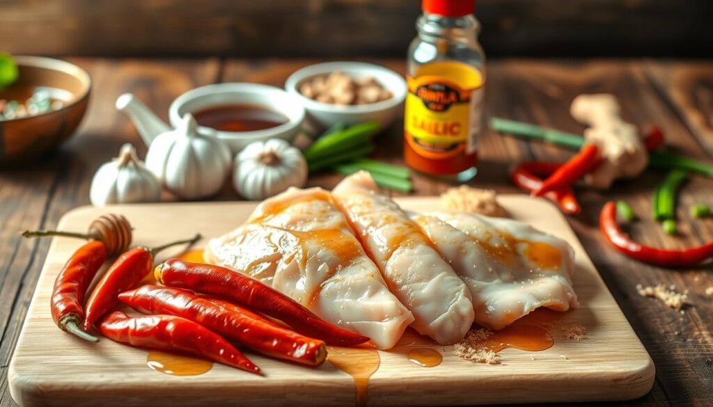 A meticulously lit and styled still life composition showcasing the essential ingredients for a delectable Sweet Chili Chicken dish. In the foreground, a cutting board displays sliced chicken thighs, vibrant red chilies, and a drizzle of honey. Complementing the main elements, a middle ground features aromatic garlic cloves, ginger root, and a sprinkle of brown sugar. In the background, a rustic wooden table is adorned with a bowl of soy sauce, a jar of chili-garlic sauce, and a scattering of green onions. The warm, natural lighting casts subtle shadows, highlighting the textures and colors of the ingredients, evoking the comforting and flavorful essence of the dish. A meticulously lit and styled still life composition showcasing the essential ingredients for a delectable Sweet Chili Chicken dish. In the foreground, a cutting board displays sliced chicken thighs, vibrant red chilies, and a drizzle of honey. Complementing the main elements, a middle ground features aromatic garlic cloves, ginger root, and a sprinkle of brown sugar. In the background, a rustic wooden table is adorned with a bowl of soy sauce, a jar of chili-garlic sauce, and a scattering of green onions. The warm, natural lighting casts subtle shadows, highlighting the textures and colors of the ingredients, evoking the comforting and flavorful essence of the dish.