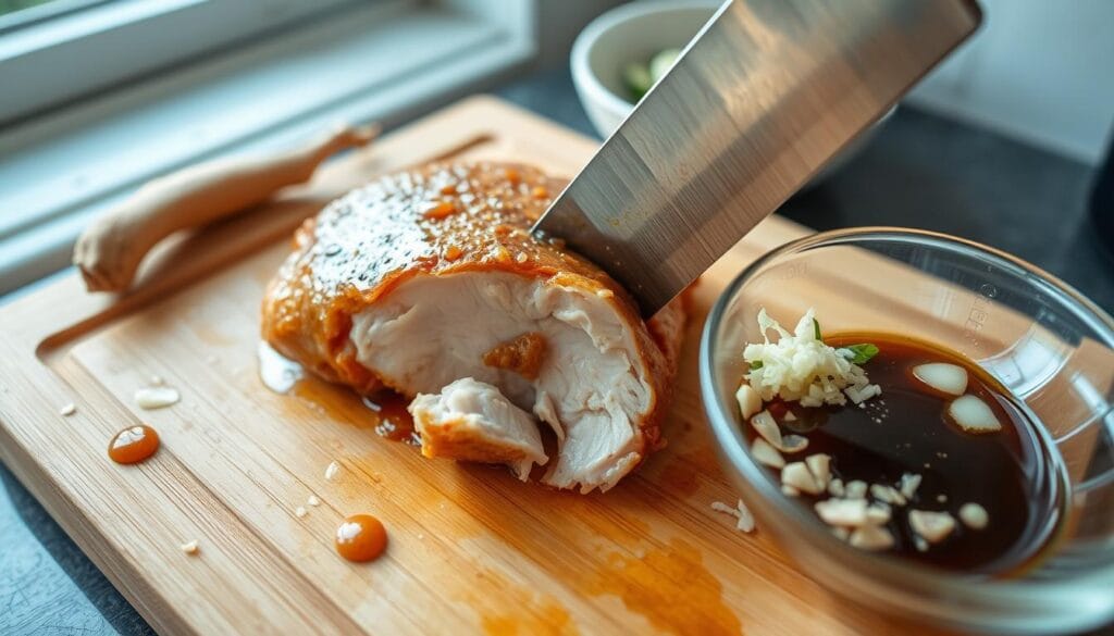A stainless steel chef's knife slices through a juicy chicken breast, revealing its tender, pink interior. Droplets of marinade cling to the meat, hinting at the flavors to come. Beside the cutting board, a bowl of aromatic ingredients - grated ginger, minced garlic, and a splash of soy sauce - awaits incorporation. Soft natural light filters in from a nearby window, casting a warm glow over the scene. The camera angle is slightly elevated, capturing the preparation process from an inviting, bird's-eye perspective. This image conveys the care and attention necessary to create the perfect Bang Bang Chicken Bowl, setting the stage for a mouthwatering culinary experience. A stainless steel chef's knife slices through a juicy chicken breast, revealing its tender, pink interior. Droplets of marinade cling to the meat, hinting at the flavors to come. Beside the cutting board, a bowl of aromatic ingredients - grated ginger, minced garlic, and a splash of soy sauce - awaits incorporation. Soft natural light filters in from a nearby window, casting a warm glow over the scene. The camera angle is slightly elevated, capturing the preparation process from an inviting, bird's-eye perspective. This image conveys the care and attention necessary to create the perfect Bang Bang Chicken Bowl, setting the stage for a mouthwatering culinary experience.