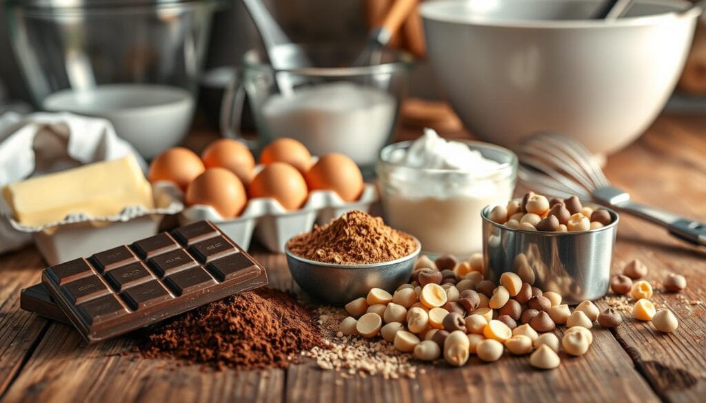 A tempting assortment of chocolate cake ingredients laid out on a rustic wooden surface, illuminated by soft, warm lighting. In the foreground, a rich, dark chocolate bar, cocoa powder, and creamy milk chocolate chips. In the middle, a carton of farm-fresh eggs, a stick of butter, and a measuring cup filled with sugar. In the background, a mixing bowl, a whisk, and a spatula, hinting at the baking process to come. The scene exudes a cozy, inviting atmosphere, making the viewer's mouth water in anticipation of the indulgent chocolate cake to be created. A tempting assortment of chocolate cake ingredients laid out on a rustic wooden surface, illuminated by soft, warm lighting. In the foreground, a rich, dark chocolate bar, cocoa powder, and creamy milk chocolate chips. In the middle, a carton of farm-fresh eggs, a stick of butter, and a measuring cup filled with sugar. In the background, a mixing bowl, a whisk, and a spatula, hinting at the baking process to come. The scene exudes a cozy, inviting atmosphere, making the viewer's mouth water in anticipation of the indulgent chocolate cake to be created.
