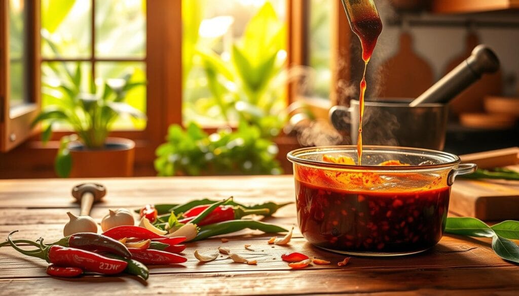 A vibrant Thai-inspired kitchen scene, with a wooden table in the foreground showcasing the preparation of a delectable sweet chili sauce. Freshly chopped chilies, garlic, and shallots are being added to a simmering saucepan, filled with a rich blend of soy sauce, rice vinegar, and brown sugar. The warm, golden lighting casts a cozy glow, while the background features lush, tropical greenery peeking through an open window, hinting at the authentic flavors to come. A mortar and pestle, along with a cutting board, complete the artisanal tableau, inviting the viewer to immerse themselves in the flavors of Thailand. A vibrant Thai-inspired kitchen scene, with a wooden table in the foreground showcasing the preparation of a delectable sweet chili sauce. Freshly chopped chilies, garlic, and shallots are being added to a simmering saucepan, filled with a rich blend of soy sauce, rice vinegar, and brown sugar. The warm, golden lighting casts a cozy glow, while the background features lush, tropical greenery peeking through an open window, hinting at the authentic flavors to come. A mortar and pestle, along with a cutting board, complete the artisanal tableau, inviting the viewer to immerse themselves in the flavors of Thailand.