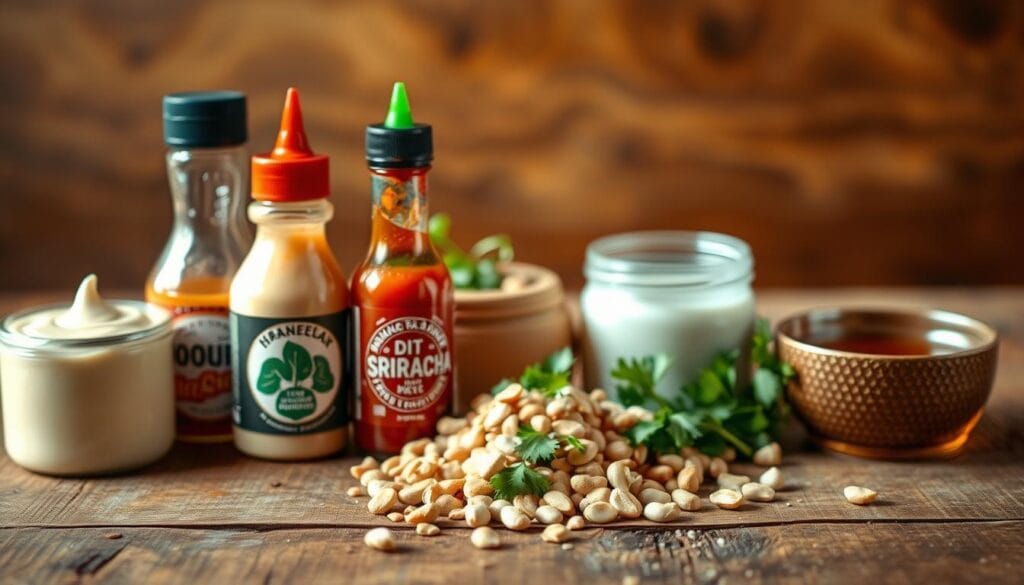 A vibrant and appetizing arrangement of the essential ingredients for the perfect Bang Bang sauce. In the foreground, a selection of sauces and condiments including creamy mayonnaise, tangy Sriracha, and sweet honey, artfully arranged on a rustic wooden surface. In the middle ground, a sprinkle of crunchy crushed peanuts and a scattering of fresh cilantro leaves, adding texture and fragrance. The background features a softly blurred backdrop of warm, earthy tones, creating a cozy and inviting atmosphere. Warm, directional lighting highlights the glossy sheen of the sauces and the vibrant colors of the ingredients, evoking a sense of culinary delight. Captured with a shallow depth of field for a professional, mouthwatering presentation. A vibrant and appetizing arrangement of the essential ingredients for the perfect Bang Bang sauce. In the foreground, a selection of sauces and condiments including creamy mayonnaise, tangy Sriracha, and sweet honey, artfully arranged on a rustic wooden surface. In the middle ground, a sprinkle of crunchy crushed peanuts and a scattering of fresh cilantro leaves, adding texture and fragrance. The background features a softly blurred backdrop of warm, earthy tones, creating a cozy and inviting atmosphere. Warm, directional lighting highlights the glossy sheen of the sauces and the vibrant colors of the ingredients, evoking a sense of culinary delight. Captured with a shallow depth of field for a professional, mouthwatering presentation.