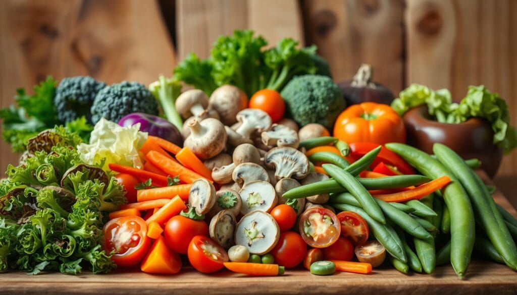 A vibrant array of fresh vegetables arranged artfully on a wooden surface, with a warm, natural lighting illuminating the scene. In the foreground, a mix of crisp lettuce, juicy tomatoes, crunchy carrots, and vibrant bell peppers, meticulously sliced and arranged. In the middle ground, a selection of earthy mushrooms, bright green broccoli florets, and tender snow peas, complementing the other ingredients. In the background, a backdrop of rustic wooden boards, adding depth and texture to the composition. The overall mood is one of wholesome, farm-to-table freshness, perfectly suited to accompany a flavorful rice bowl. A vibrant array of fresh vegetables arranged artfully on a wooden surface, with a warm, natural lighting illuminating the scene. In the foreground, a mix of crisp lettuce, juicy tomatoes, crunchy carrots, and vibrant bell peppers, meticulously sliced and arranged. In the middle ground, a selection of earthy mushrooms, bright green broccoli florets, and tender snow peas, complementing the other ingredients. In the background, a backdrop of rustic wooden boards, adding depth and texture to the composition. The overall mood is one of wholesome, farm-to-table freshness, perfectly suited to accompany a flavorful rice bowl.