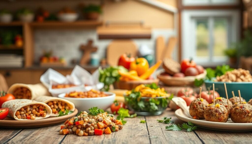 A vibrant, meticulously styled food photography scene of various "sneaky" bean-based kid-friendly recipes. In the foreground, an assortment of dishes like bean burritos, bean dip with vegetable dippers, and bean-packed meatballs are arranged artfully on a rustic wooden table. The middle ground features fresh, colorful produce like tomatoes, bell peppers, and herbs, hinting at the wholesome, veggie-forward nature of the recipes. The background is softly blurred, creating a cozy, inviting atmosphere, lit by warm, natural lighting from a window or skylight. The overall mood is playful, approachable, and designed to entice even the most bean-averse young eaters. A vibrant, meticulously styled food photography scene of various "sneaky" bean-based kid-friendly recipes. In the foreground, an assortment of dishes like bean burritos, bean dip with vegetable dippers, and bean-packed meatballs are arranged artfully on a rustic wooden table. The middle ground features fresh, colorful produce like tomatoes, bell peppers, and herbs, hinting at the wholesome, veggie-forward nature of the recipes. The background is softly blurred, creating a cozy, inviting atmosphere, lit by warm, natural lighting from a window or skylight. The overall mood is playful, approachable, and designed to entice even the most bean-averse young eaters.