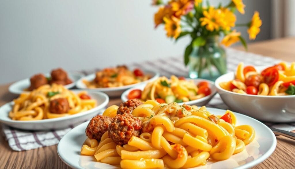 A vibrant still life depicting a selection of kid-friendly pasta dishes. In the foreground, a plate showcases a hearty bowl of macaroni and cheese, the creamy cheese sauce glistening. To the side, a serving of spaghetti with meatballs, the pasta twirling around the juicy meatballs. In the middle ground, a colorful plate of bowtie pasta salad, mixed with cherry tomatoes, cucumber, and a light vinaigrette. In the background, a wooden table with a striped linen tablecloth, and a vase of fresh flowers, casting a warm, inviting glow. The lighting is soft and natural, highlighting the textures and colors of the dishes. The overall mood is playful and family-friendly, perfect for an article on easy pasta recipes for kids. A vibrant still life depicting a selection of kid-friendly pasta dishes. In the foreground, a plate showcases a hearty bowl of macaroni and cheese, the creamy cheese sauce glistening. To the side, a serving of spaghetti with meatballs, the pasta twirling around the juicy meatballs. In the middle ground, a colorful plate of bowtie pasta salad, mixed with cherry tomatoes, cucumber, and a light vinaigrette. In the background, a wooden table with a striped linen tablecloth, and a vase of fresh flowers, casting a warm, inviting glow. The lighting is soft and natural, highlighting the textures and colors of the dishes. The overall mood is playful and family-friendly, perfect for an article on easy pasta recipes for kids.