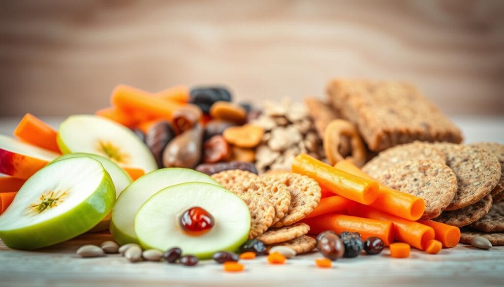 A vibrant still life showcasing an assortment of healthy fiber-rich snacks for kids, captured in natural daylight with a shallow depth of field. In the foreground, an arrangement of sliced apples, carrot sticks, and whole-wheat crackers, complemented by a sprinkling of sunflower seeds and raisins. In the middle ground, a colorful medley of dried figs, dates, and whole-grain granola bars. The background features a soft, blurred texture, suggesting a wooden surface or a plain fabric backdrop, creating a warm, inviting atmosphere. The lighting is soft and diffused, accentuating the natural textures and vibrant colors of the snacks, making them appear fresh, appetizing, and nourishing. A vibrant still life showcasing an assortment of healthy fiber-rich snacks for kids, captured in natural daylight with a shallow depth of field. In the foreground, an arrangement of sliced apples, carrot sticks, and whole-wheat crackers, complemented by a sprinkling of sunflower seeds and raisins. In the middle ground, a colorful medley of dried figs, dates, and whole-grain granola bars. The background features a soft, blurred texture, suggesting a wooden surface or a plain fabric backdrop, creating a warm, inviting atmosphere. The lighting is soft and diffused, accentuating the natural textures and vibrant colors of the snacks, making them appear fresh, appetizing, and nourishing.