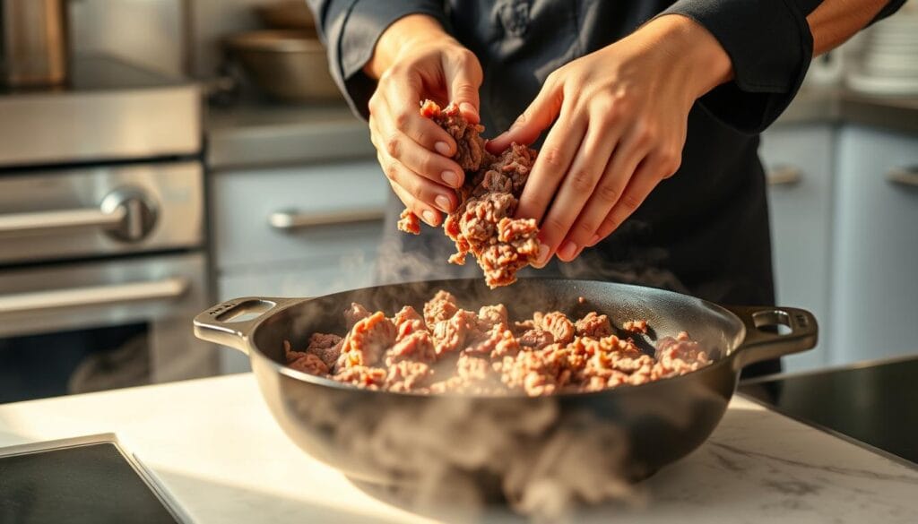 A well-lit, high-resolution photograph of a chef's hands demonstrating the proper techniques for cooking ground beef. The foreground features the chef's hands deftly manipulating the meat, expertly breaking it apart and ensuring even browning. The middle ground showcases a cast-iron skillet filled with sizzling, browned ground beef, steam rising from the pan. The background is a clean, minimalist kitchen setting, with stainless steel appliances and a neutral color palette, allowing the cooking process to be the central focus. The lighting is warm and natural, casting a soft glow on the scene and highlighting the textural details of the meat. The overall mood is one of culinary expertise and attention to detail, showcasing the essential tips for cooking perfect ground beef. A well-lit, high-resolution photograph of a chef's hands demonstrating the proper techniques for cooking ground beef. The foreground features the chef's hands deftly manipulating the meat, expertly breaking it apart and ensuring even browning. The middle ground showcases a cast-iron skillet filled with sizzling, browned ground beef, steam rising from the pan. The background is a clean, minimalist kitchen setting, with stainless steel appliances and a neutral color palette, allowing the cooking process to be the central focus. The lighting is warm and natural, casting a soft glow on the scene and highlighting the textural details of the meat. The overall mood is one of culinary expertise and attention to detail, showcasing the essential tips for cooking perfect ground beef.