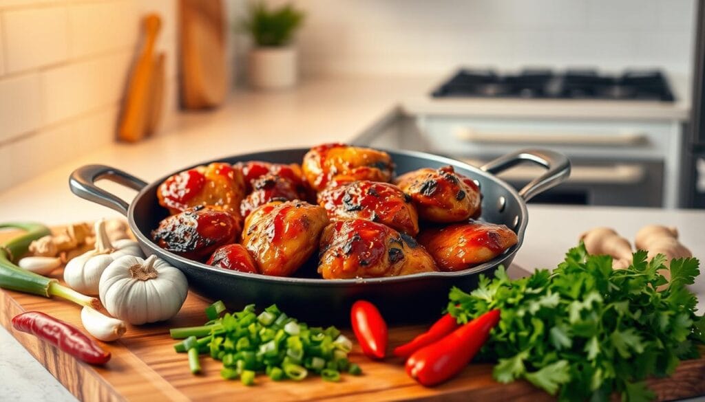 A well-lit kitchen counter showcases a mouthwatering scene. In the foreground, juicy chicken thighs are sizzling in a skillet, caramelized edges glistening under warm, directional lighting. Surrounding the pan, an array of vibrant ingredients - sliced chilies, fragrant garlic, and ginger - are artfully arranged, ready to be added to the simmering mixture. In the middle ground, a wooden cutting board displays freshly chopped scallions and cilantro, their verdant hues complimenting the fiery red chili peppers. The background features a clean, minimalist kitchen setting, with sleek white tiles and stainless steel appliances providing a clean, modern backdrop. The overall composition evokes a sense of culinary expertise and the enticing aroma of a delectable Sweet Chili Chicken dish. A well-lit kitchen counter showcases a mouthwatering scene. In the foreground, juicy chicken thighs are sizzling in a skillet, caramelized edges glistening under warm, directional lighting. Surrounding the pan, an array of vibrant ingredients - sliced chilies, fragrant garlic, and ginger - are artfully arranged, ready to be added to the simmering mixture. In the middle ground, a wooden cutting board displays freshly chopped scallions and cilantro, their verdant hues complimenting the fiery red chili peppers. The background features a clean, minimalist kitchen setting, with sleek white tiles and stainless steel appliances providing a clean, modern backdrop. The overall composition evokes a sense of culinary expertise and the enticing aroma of a delectable Sweet Chili Chicken dish.
