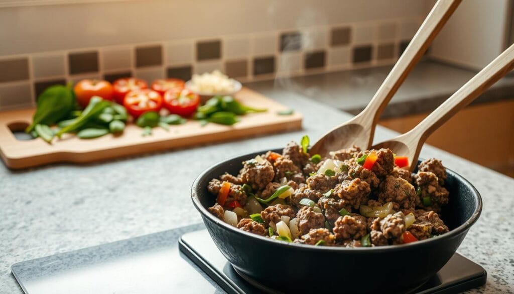 A well-lit kitchen counter with a cast-iron skillet in the foreground, filled with sizzling ground beef, onions, and peppers. The beef mixture is being stirred with a wooden spoon, releasing an aroma of garlic and herbs. In the middle ground, a cutting board with fresh tomatoes, spinach, and shredded cheese, ready to be added to the skillet. The background features a tile backsplash and minimalist cabinetry, creating a warm and inviting atmosphere. The lighting is soft and natural, casting a golden glow over the scene, conveying a sense of homemade comfort and ease. A well-lit kitchen counter with a cast-iron skillet in the foreground, filled with sizzling ground beef, onions, and peppers. The beef mixture is being stirred with a wooden spoon, releasing an aroma of garlic and herbs. In the middle ground, a cutting board with fresh tomatoes, spinach, and shredded cheese, ready to be added to the skillet. The background features a tile backsplash and minimalist cabinetry, creating a warm and inviting atmosphere. The lighting is soft and natural, casting a golden glow over the scene, conveying a sense of homemade comfort and ease.