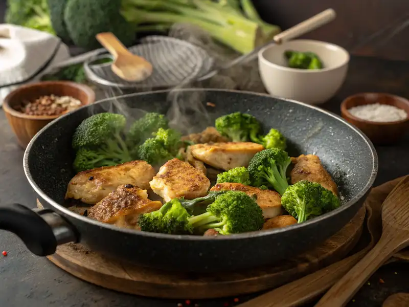 "Bright green broccoli added to a skillet with chicken for creamy chicken and broccoli pasta."