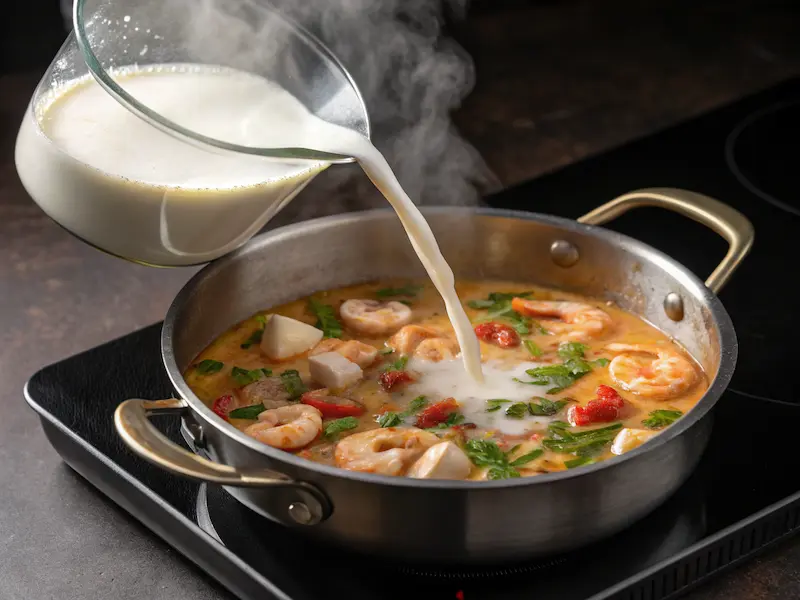 Simmering coconut milk and seafood broth together for coconut lime fish soup