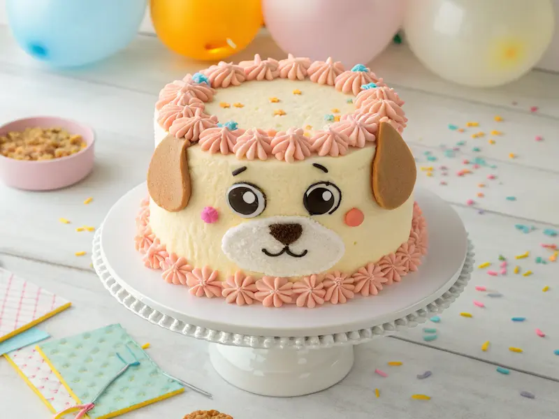 kids birthday cake shaped like an animal face, decorated with buttercream frosting and fondant features, set on a cake stand with playful decorations.