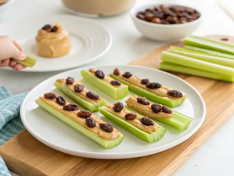 Celery sticks filled with peanut butter and topped with raisins on a child-friendly plate—an easy recipe for kids to make called Ants on a Log.
