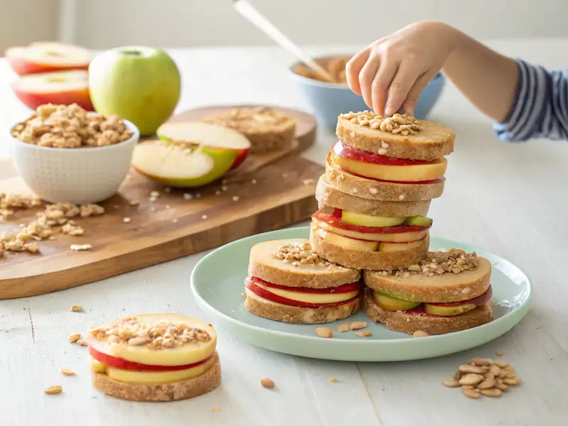 Sliced apples stacked with layers of peanut butter and granola in between—Apple Sandwiches as an easy recipe for kids to make at home.